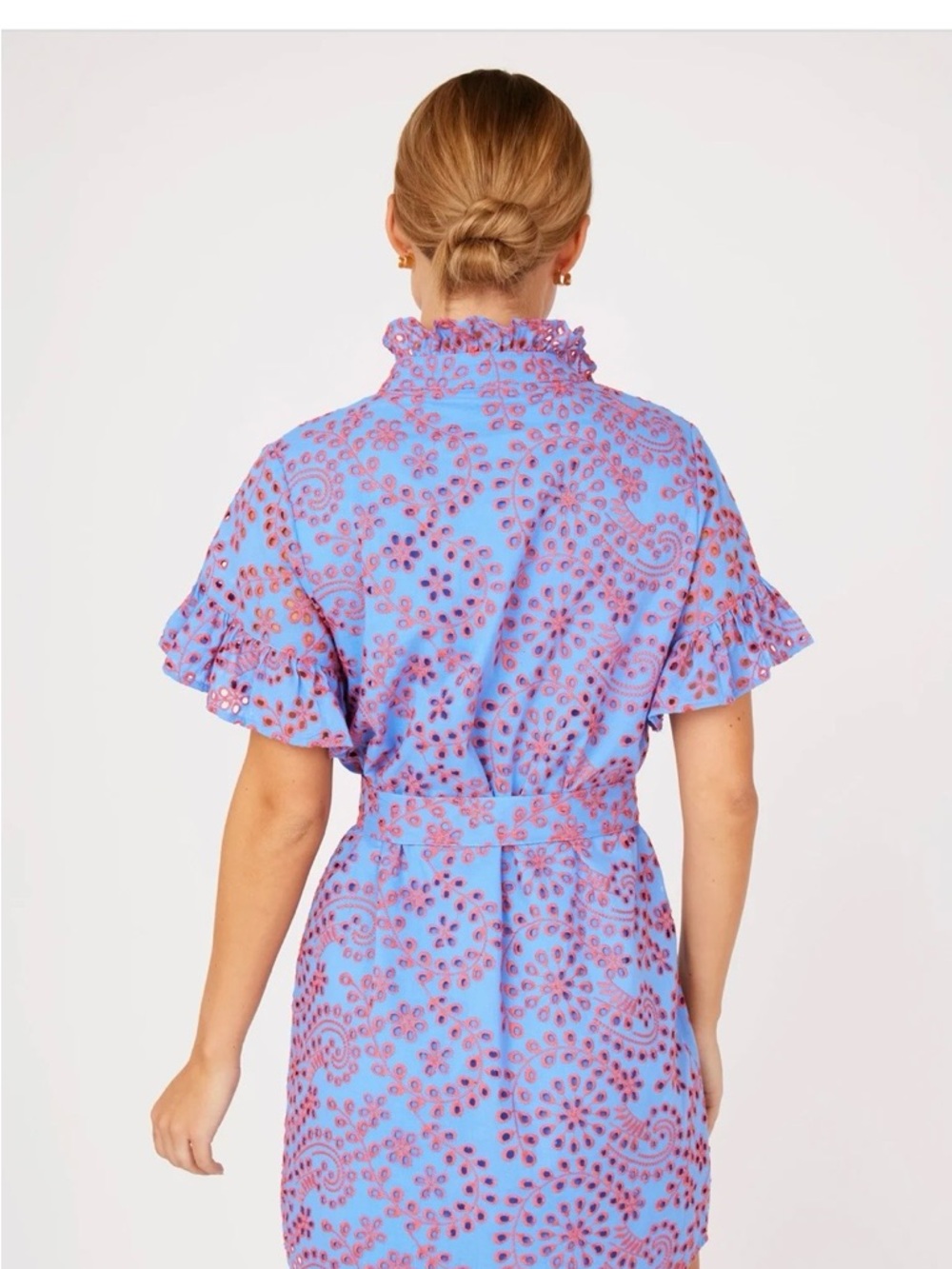 Teal Eyelet Ruffle Mini Dress with Self-Tie Waist - Picture 5 of 6
